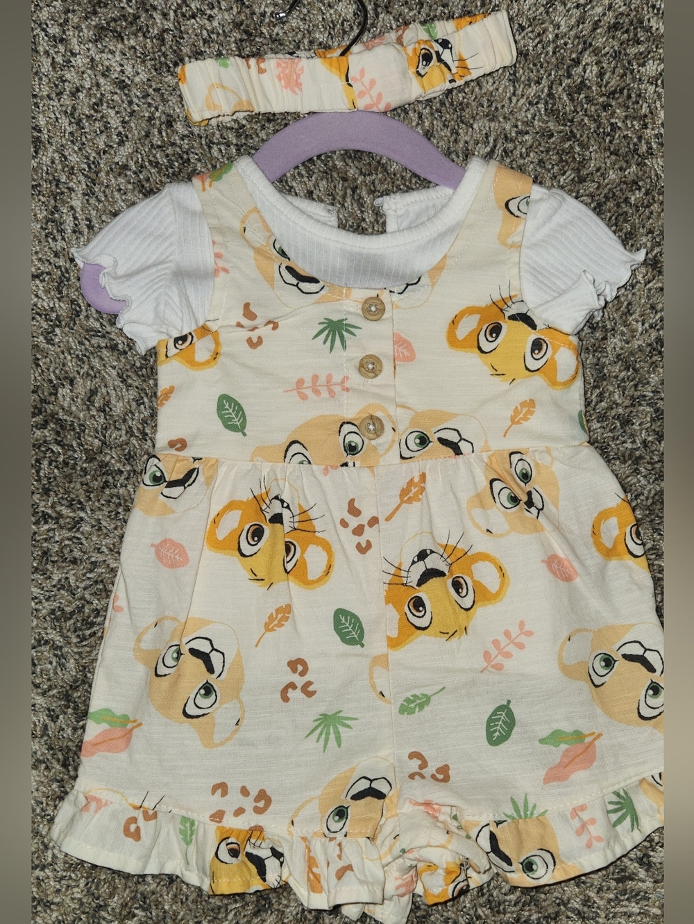 Simba And Nala LION KING Print Baby Girl Shortall And Tee with Matching Headband